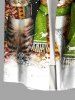 Plus Size Christmas Cats Snowflake Colorblock Print Buttons Pocket Shirt For Men -  