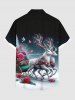 Chemise grande taille homme à imprimé ombré sapin de Noël, élan, rose, fleurs et oiseaux, poche boutonnée - Noir 6XL