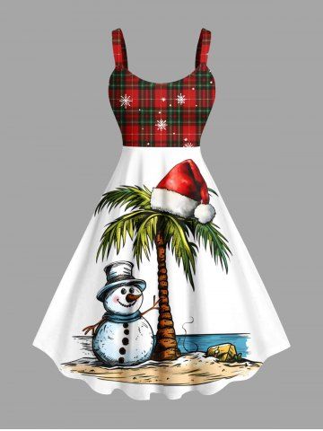 Plus Size Christmas Hat Snowman Coconut Tree Print Tank Dress - WHITE - XXS