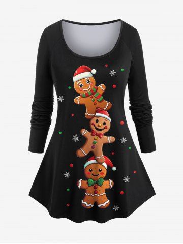 Plus Size Women's Christmas Tree Star Gingerbread Print T-shirt - BLACK - XS