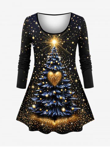 Plus Size Christmas Tree Ball Star Heart Glitter 3D Print Long Sleeves T-shirt - BLACK - S