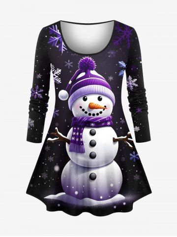 Plus Size Christmas Snowman Snowflake Print Long Sleeves T-shirt - BLACK - S