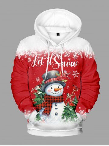 Plus Size Christmas Tree Snowman Snowflake Birds Print Drawstring Pocket Hoodie For Men - RED - 8XL