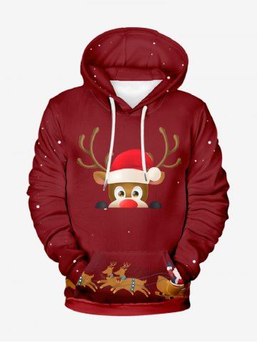 Plus Size Christmas Hat Elk Print Pocket Drawstring Pullover Long Sleeves Hoodie For Men - DEEP RED - 8XL
