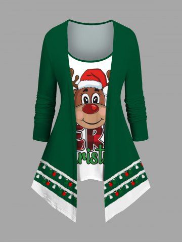 Plus Size Christmas Hat Light Cute Bear Print Patchwork 2 in 1 Long Sleeves Top - GREEN - M