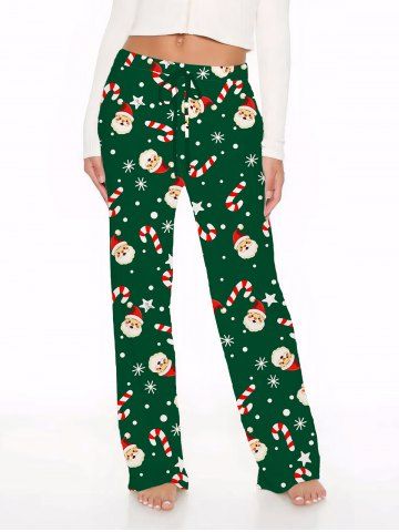 Plus Size Women's Christmas Santa Claus Snowflake Candy Print Drawstring Wide Leg Pants - GREEN - S