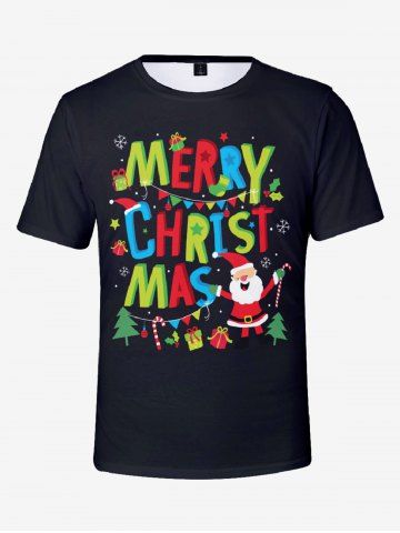 Plus Size Men's Christmas Tree Santa Claus Snowflake Letters Print T-shirt - BLACK - XS