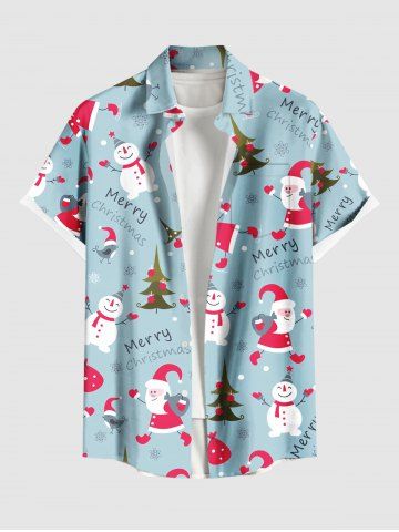 Plus Size Christmas Tree Santa Claus Snowman Print Buttons Pocket Shirt For Men - BLUE GRAY - S