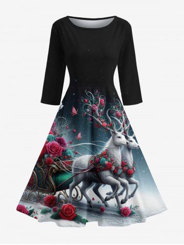 Christmas Elk Rose Flower Butterfly Printed Ombre Midi 50's Vintage A Line Dress - BLACK - S