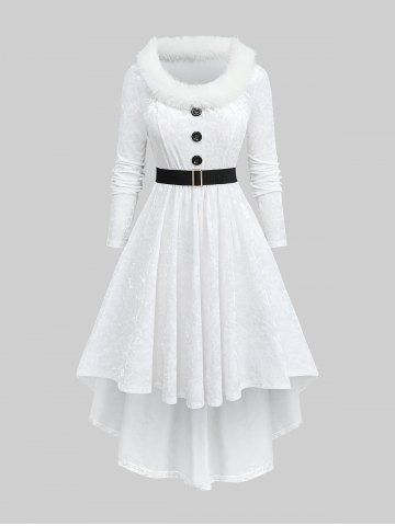 Plus Size Buttons Fleece Neck Long Sleeve Velvet High Low Dress With Belt - WHITE - L | US 12