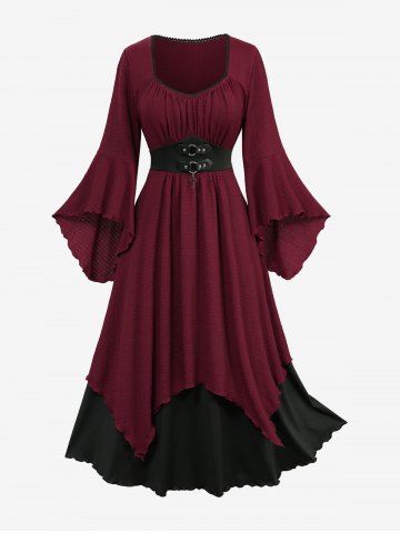 Plus Size Two Tone Textured Belted Layered A Line Flare Sleeves Dress - DEEP RED - 2X | US 18-20