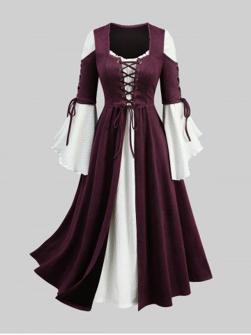 Robe 2 en 1 grande taille à lacets, œillets, volants, bordure en dentelle et manches évasées - DEEP RED - L | US 12