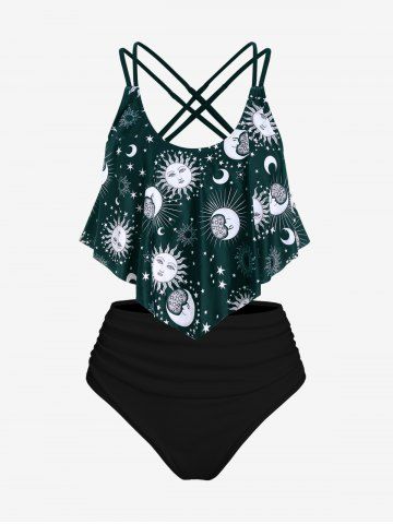 Plus Size Padded Sun Moon Galaxy Printed Stripes Overlay Tankini Swimsuit - DEEP GREEN - 5X