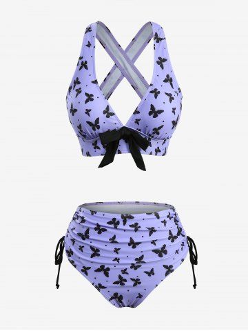 Butterfly Print Bowknot Crisscross Straps Cinched Tankini Swimsuit - PURPLE - XL