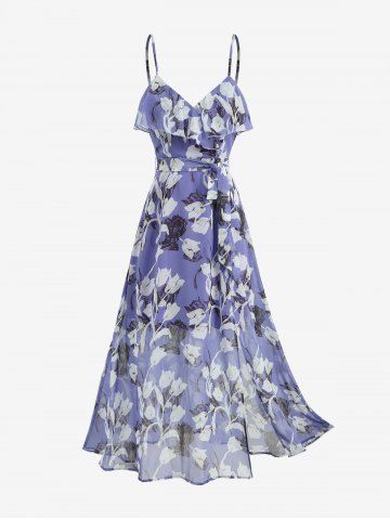 Flower Print Ruffles Split A Line Cami Dress with Removable Belt - PURPLE - S