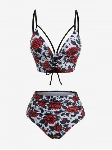 Rose Flower Leaf Print Lace Up Strappy Tankini Swimsuit (Adjustable Shoulder Strap) - RED - M