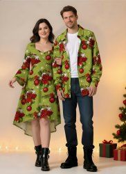 Christmas Ball Flowers Snowflake Print Plus Size Matching Outfit For Couples -  