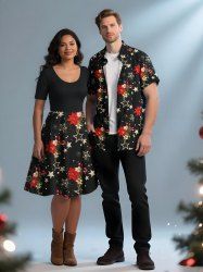 Ensemble assorti grande taille pour couples, imprimé fleurs de Noël, étoiles et flocons de neige - Noir 