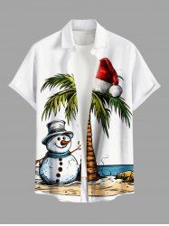 Plus Size Christmas Hat Snowman Coconut Tree Print Buttons Pocket Shirt For Men -  
