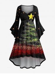 Robe grande taille à imprimé sapin de Noël étoiles galaxie pailletées 3D, manches évasées froncées, coupe asymétrique - Noir 4X