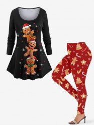 Women's Christmas Tree Star Gingerbread Print T-shirt and Leggings Plus Size Matching Set -  