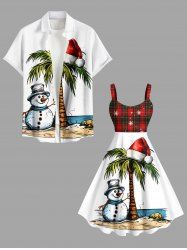 Christmas Hat Snowman Coconut Tree Print Plus Size Matching Outfit For Couples -  
