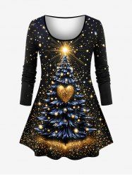 T-shirt à manches longues grande taille avec imprimé 3D de sapin de Noël, boule, étoile, cœur et paillettes - Noir S