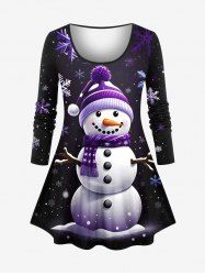 T-shirt à manches longues grande taille avec imprimé bonhomme de neige et flocons de neige, motif Noël - Noir 1X
