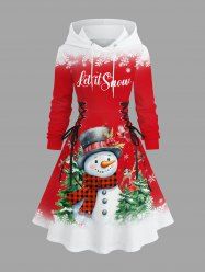 Plus Size Christmas Tree Snowman Snowflake Birds Print Drawstring Hoodie Dress -  