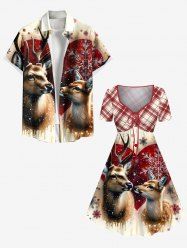 Ensemble assorti grande taille pour couples, motif élan de Noël et flocons de neige, à carreaux - Rouge 