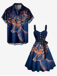 Ensemble assorti grande taille pour couples, motif lutin de Noël pailleté - Bleu Marine 