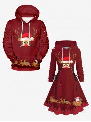 Christmas Hat Elk Print Plus Size Matching Outfit For Couples -  