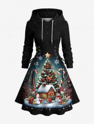 Robe à capuche lacée à imprimé galaxie ombré sapin de Noël flocon de neige bonhomme de neige maison bonbon grande taille - Noir 4X