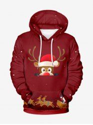 Plus Size Christmas Hat Elk Print Pocket Drawstring Pullover Long Sleeves Hoodie For Men - Rouge foncé XL