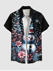 Chemise grande taille pour homme, imprimé bonhomme de neige et fleurs de Noël, boutons et poche. - Noir L