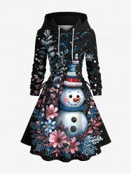 Robe à capuche grande taille à imprimé bonhomme de neige et fleurs de Noël, lacée et à cordon de serrage - Noir S