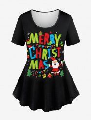T-shirt imprimé sapin de Noël, Père Noël et flocons de neige pour femmes grandes tailles - Noir M