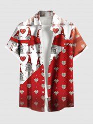 Chemise à poches boutonnées grande taille pour homme, imprimée avec un nain de Noël, un cœur et un nœud papillon. Motif : nain, cœur et cadeau. - Rouge L