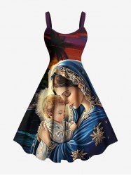 Plus Size Christmas Birth of Jesus Coconut Tree Ombre Dusk Print A Line Dress -  
