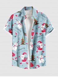 Plus Size Christmas Tree Santa Claus Snowman Print Buttons Pocket Shirt For Men -  