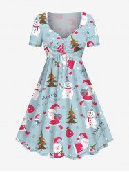 Robe cintrée grande taille à imprimé sapin de Noël, Père Noël et bonhomme de neige - Bleu Poudre 6X