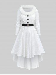 Plus Size Buttons Fleece Neck Long Sleeve Velvet High Low Dress With Belt -  