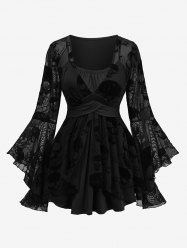 Plus Size Skulls Flocking Ruched Lace Trim Flare Sleeves Top -  