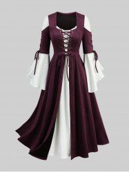 Robe 2 en 1 grande taille à lacets, œillets, volants, bordure en dentelle et manches évasées - Rouge foncé 1X | US 14-16