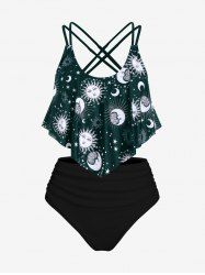 Maillot de bain tankini grande taille rembourré à rayures imprimées soleil, lune et galaxie - Vert profond 1X