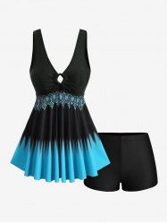 Flower Colorblock Print O-ring Ruched Panel Boyleg Tankini Swimsuit -  