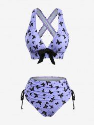 Butterfly Print Bowknot Crisscross Straps Cinched Tankini Swimsuit -  