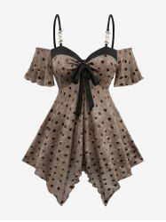 Cold Shoulder Polka Dot Flocking Tie Dye Bowknot Tied Top - Brun M