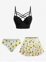 Sunflowers Print Lattice Crisscross Skirt 3 Piece Tankini Swimsuit -  