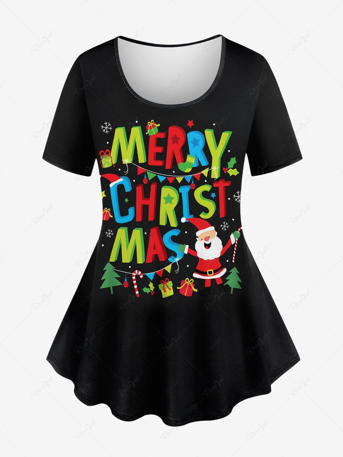 Plus Size Women's Christmas Tree Santa Claus Snowflake Letters Print T-shirt Noir 4X